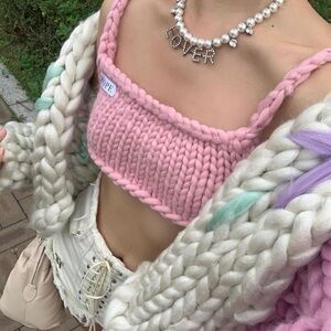 HOPE MACAULAY pink merino wool chunky knit crop tank top